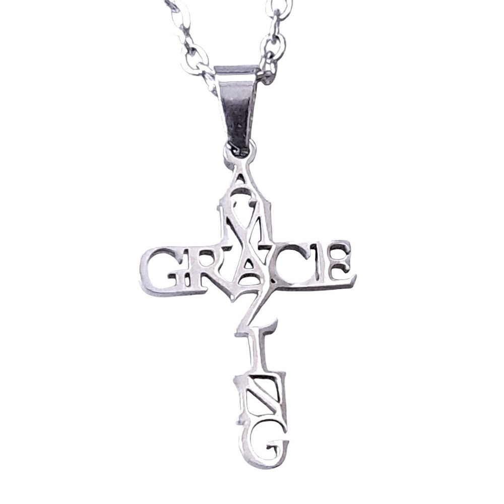 New Amazing‎ Grace Cross Necklace Unisex Silver Faith Religious Pendant Boutique